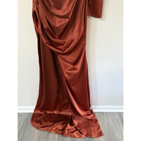 Fashionova Adriana Satin Gown Size M Orange Maxi Ruched Eveningwear Formal Prom - Picture 3 of 13